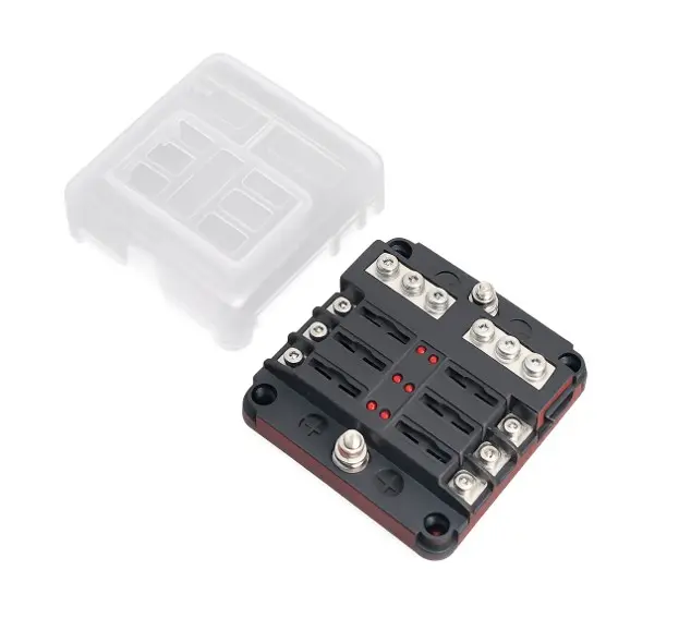 6 Way LED Fuse Box for Standard Blade Fuses with Warning Light and Bus Bar